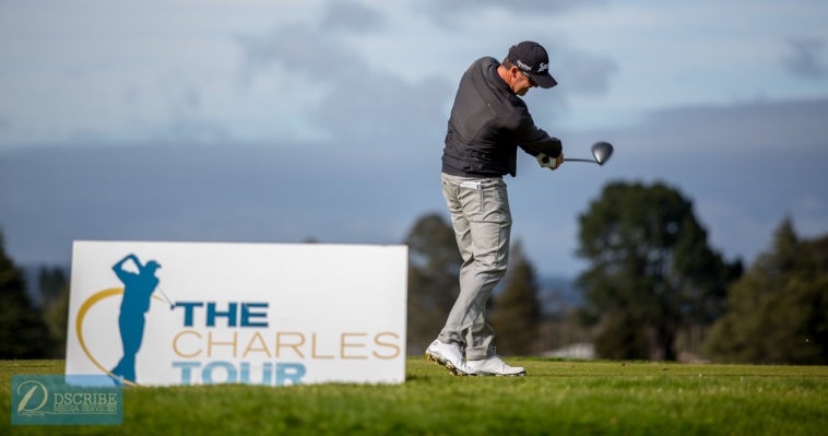 Mount Maunganui-based professional Mark Brown plays the first of his 59 shots in today's record-equalling round of 59 at the Carrus Open in Tauranga.  Photo by Jamie Troughton/Dscribe Media Servics