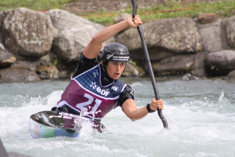 New Zealand's Luuka Jones on her way to a faultless second run at the final canoe slalom world cup of the season in France overnight.  Photo by Lucy Bradshaw.